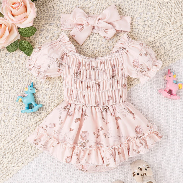 Baby and toddler two color floral skirt hem jumpsuit