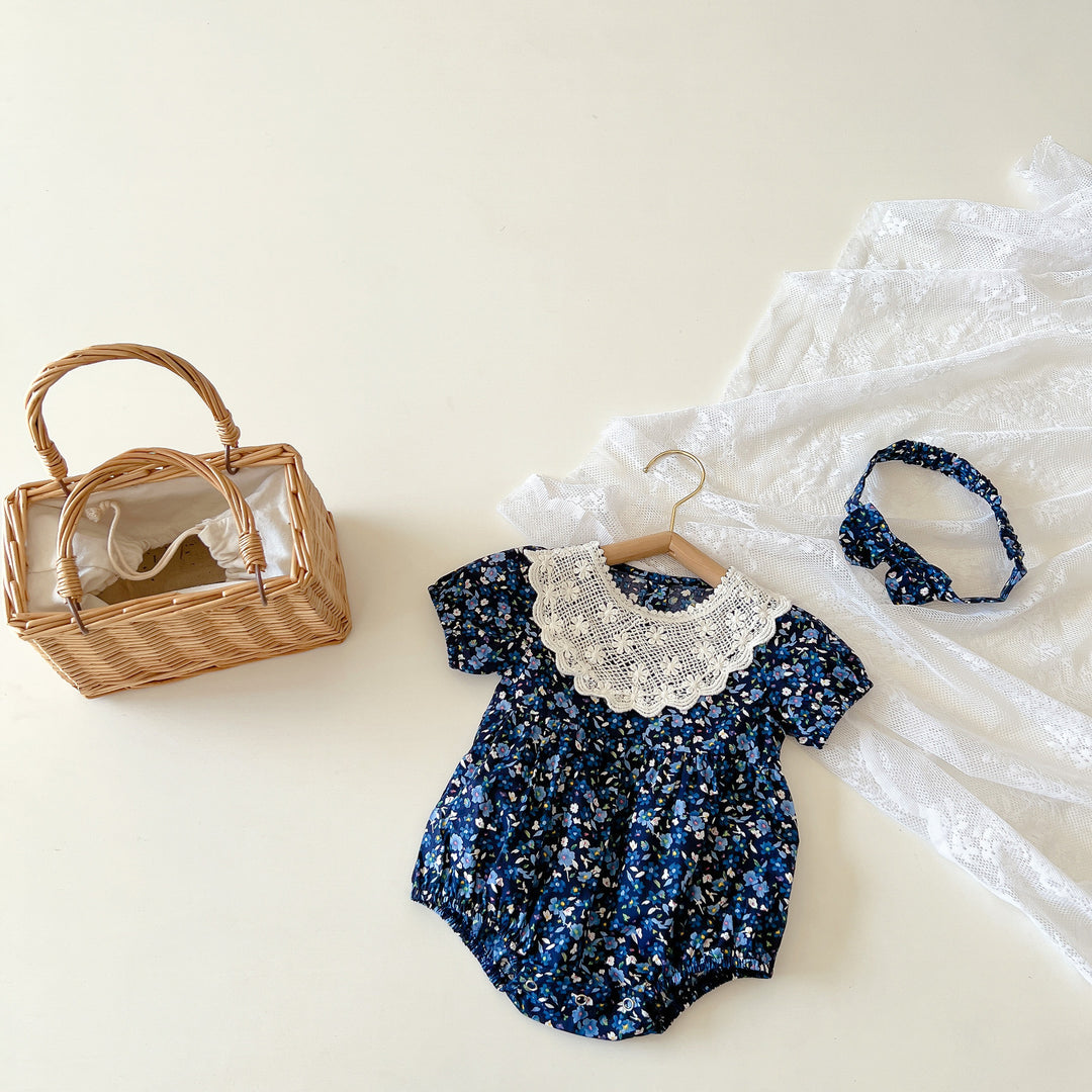INS Summer new girl baby floral short sleeved romper baby cotton one piece romper with hair band