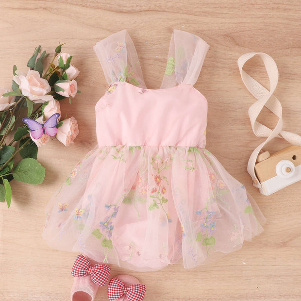 Girls' baby suspenders with embroidered flowers and mesh for princesses with open crotch and baby rompers