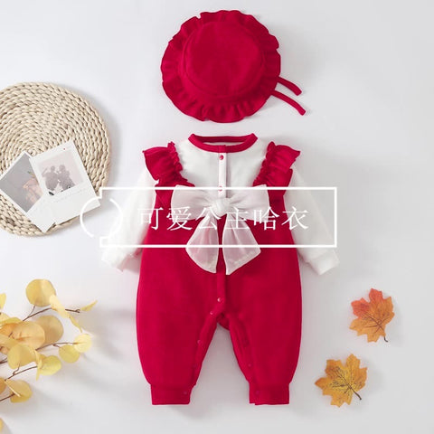 Baby Spring Clothes Newborn Female Baby Onesie Full Moon Out Jumper Plus Velvet Autumn And Winter Crawling Clothes