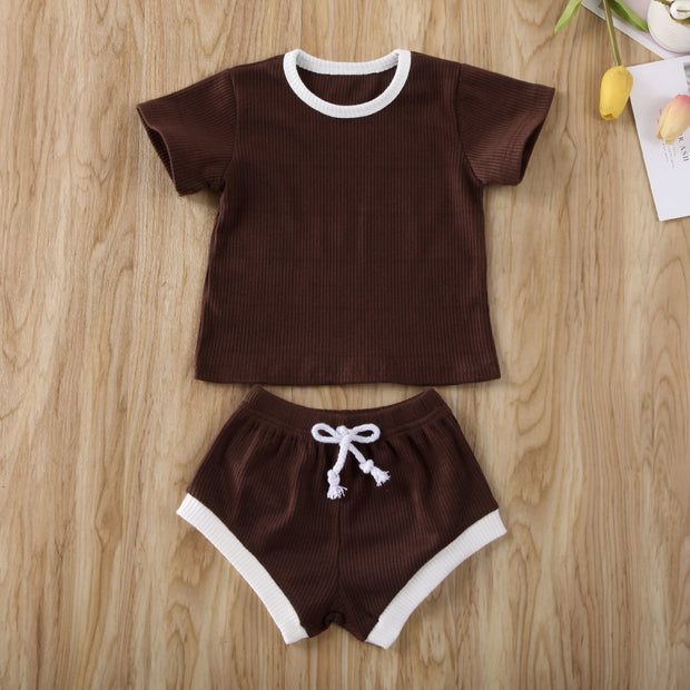 Baby Summer Clothing Infant Baby Girl Boy Clothes Short Sleeve Tops T-shirt+Shorts Pants Ribbed Solid Outfits 0-3T