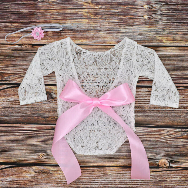 Newborn Baby Photography Props Clothes Bodysuits Cute Lovely Lace Bow Toddler Baby Photo Clothing+Hair Band 2Pcs Set Costumes