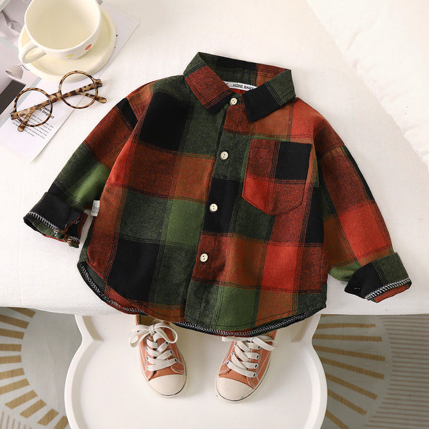 Autumn Toddler Boys Plaid Shirts Cotton Contrast Long Sleeve Infant Babys Boys Outwear Coat Loose Turn Down Collar Kid Boys Tops