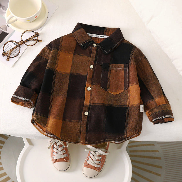 Autumn Toddler Boys Plaid Shirts Cotton Contrast Long Sleeve Infant Babys Boys Outwear Coat Loose Turn Down Collar Kid Boys Tops