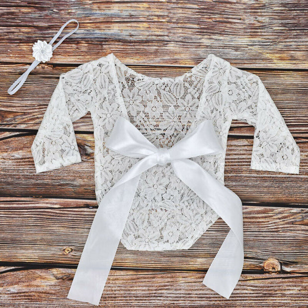 Newborn Baby Photography Props Clothes Bodysuits Cute Lovely Lace Bow Toddler Baby Photo Clothing+Hair Band 2Pcs Set Costumes