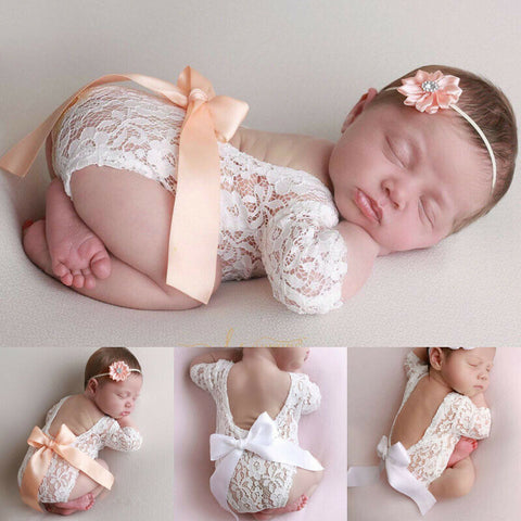 Newborn Baby Photography Props Clothes Bodysuits Cute Lovely Lace Bow Toddler Baby Photo Clothing+Hair Band 2Pcs Set Costumes