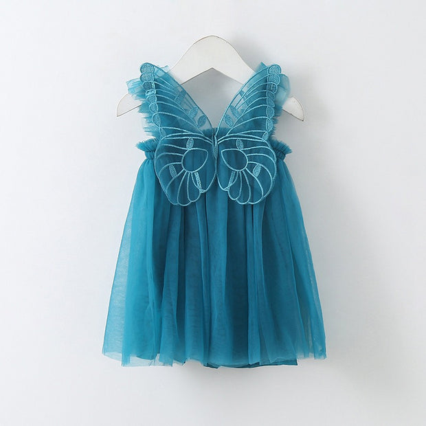 New Baby Girl Clothes Solid Color Flying Sleeve Butterfly Wing Decorative Little Girls Dress Sweet Princess Baby Dresses