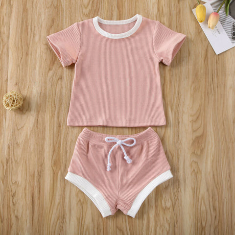 Baby Summer Clothing Infant Baby Girl Boy Clothes Short Sleeve Tops T-shirt+Shorts Pants Ribbed Solid Outfits 0-3T