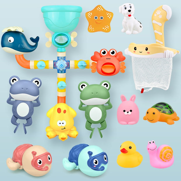 Bath Toys Baby Water Game Faucet Shower Rubber Duck Waterwheel Dabbling Water Spray Set For Kids Animals Bathroom Summer Toys