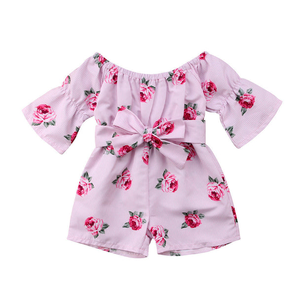 Spring Summer Baby Girls Rompers Baby Girl Clothes Floral Belt Three Quarter Cotton Jumpsuit