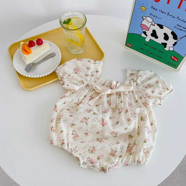 Summer Baby Onesie With Small Floral Bow Solid Color Baby Girl Puff Sleeve Bag Fart Romper