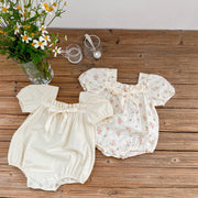 Summer Baby Onesie With Small Floral Bow Solid Color Baby Girl Puff Sleeve Bag Fart Romper