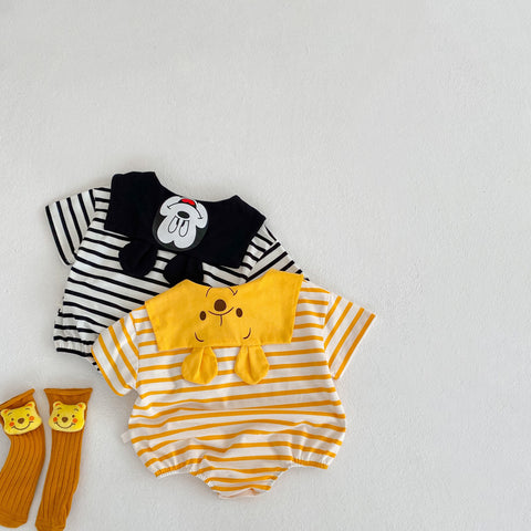 New Baby Rompers Ins Explosion Children's Clothing Cartoon Printing Striped Lapel Jumpsuit Male Baby Romper