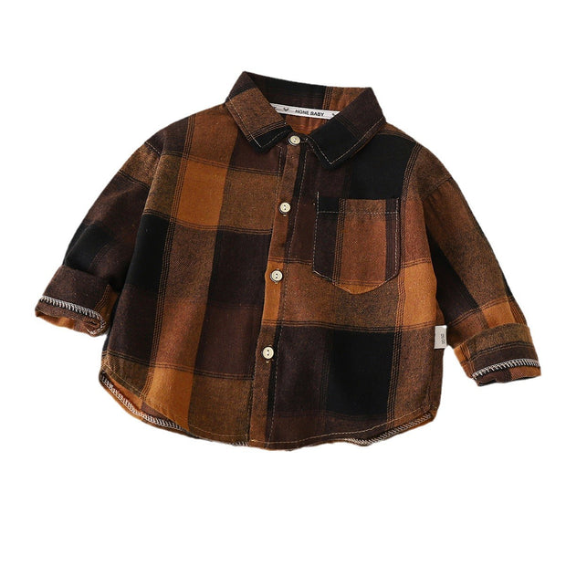 Autumn Toddler Boys Plaid Shirts Cotton Contrast Long Sleeve Infant Babys Boys Outwear Coat Loose Turn Down Collar Kid Boys Tops