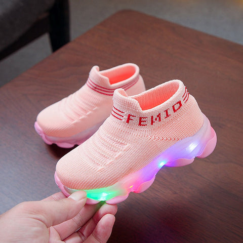 Kids Sneakers Children Baby Girls Boys Letter Mesh Led Luminous Socks Sport Run Sneakers Shoes Sapato Infantil Light Up Shoes