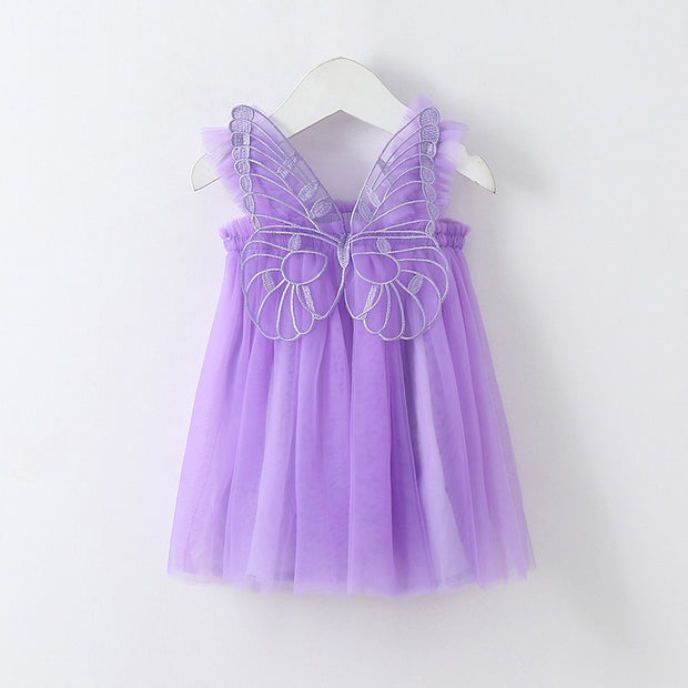 New Baby Girl Clothes Solid Color Flying Sleeve Butterfly Wing Decorative Little Girls Dress Sweet Princess Baby Dresses