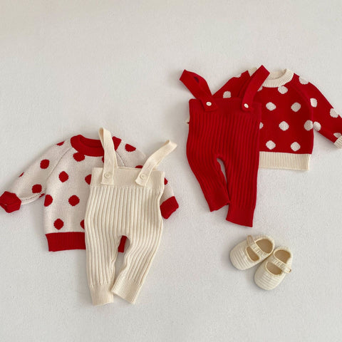 Ins Baby Suit Spring Baby Polka Dot Set Head Sweater Straps Pants Temperament Out Two-Piece Set