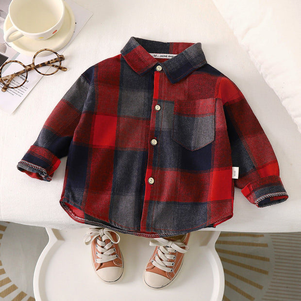 Autumn Toddler Boys Plaid Shirts Cotton Contrast Long Sleeve Infant Babys Boys Outwear Coat Loose Turn Down Collar Kid Boys Tops