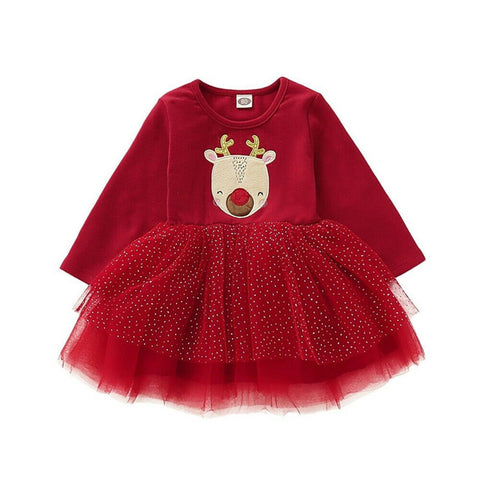 Toddler Kid Baby Girl Xmas Elk DeerClothes Long Sleeve Lace Tutu Tulle Princess Dress Christmas Long Sleeve Warm Gown Dresses