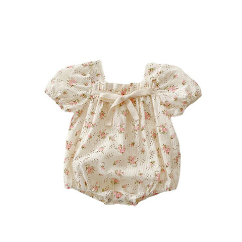 Summer Baby Onesie With Small Floral Bow Solid Color Baby Girl Puff Sleeve Bag Fart Romper