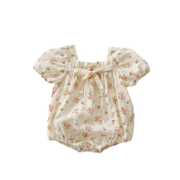 Summer Baby Onesie With Small Floral Bow Solid Color Baby Girl Puff Sleeve Bag Fart Romper