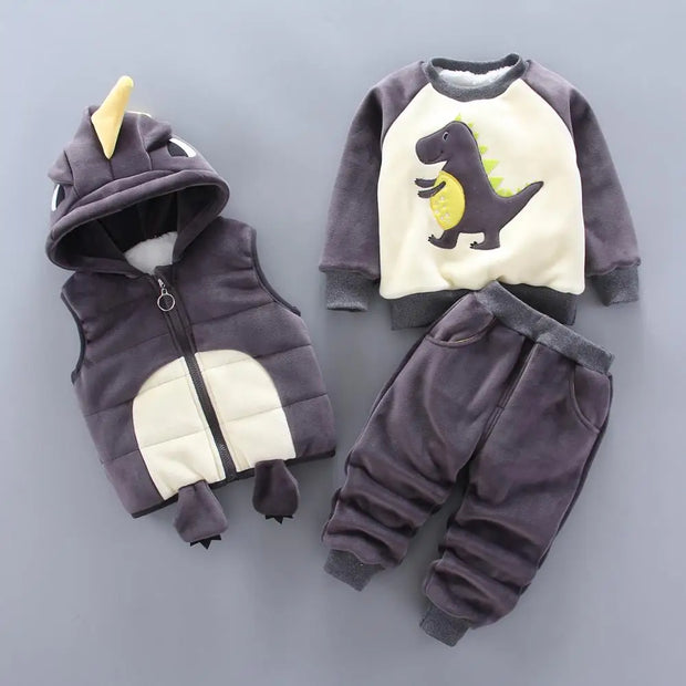 Baby boy's clothes cotton warm suit Bear cartoon printing plus velvet padded sweater baby girl's clothes hooded vest three-piece