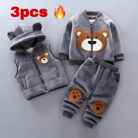 Baby boy's clothes cotton warm suit Bear cartoon printing plus velvet padded sweater baby girl's clothes hooded vest three-piece