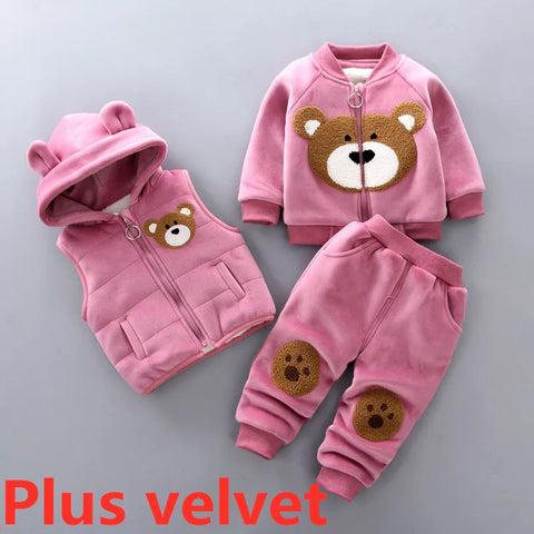 Baby boy's clothes cotton warm suit Bear cartoon printing plus velvet padded sweater baby girl's clothes hooded vest three-piece