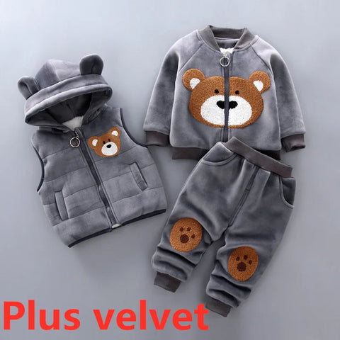 Baby boy's clothes cotton warm suit Bear cartoon printing plus velvet padded sweater baby girl's clothes hooded vest three-piece