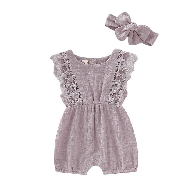 Summer Baby Girl Rompers Newborn Baby Clothes Toddler Flare Sleeve Solid Lace Design Romper Jumpsuit With Headband One-Pieces