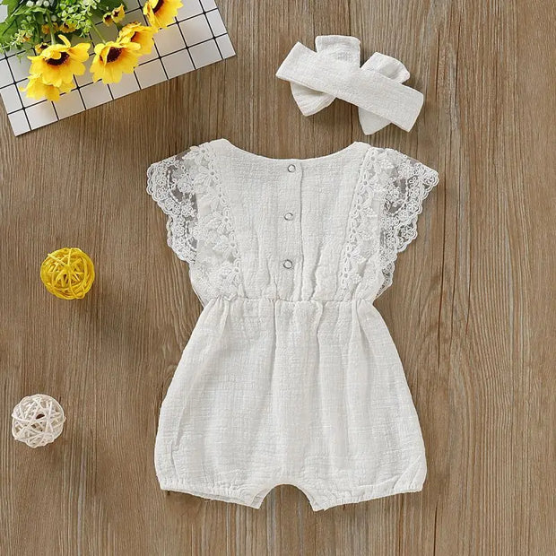 Summer Baby Girl Rompers Newborn Baby Clothes Toddler Flare Sleeve Solid Lace Design Romper Jumpsuit With Headband One-Pieces