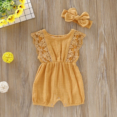 Summer Baby Girl Rompers Newborn Baby Clothes Toddler Flare Sleeve Solid Lace Design Romper Jumpsuit With Headband One-Pieces