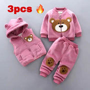 Baby boy's clothes cotton warm suit Bear cartoon printing plus velvet padded sweater baby girl's clothes hooded vest three-piece